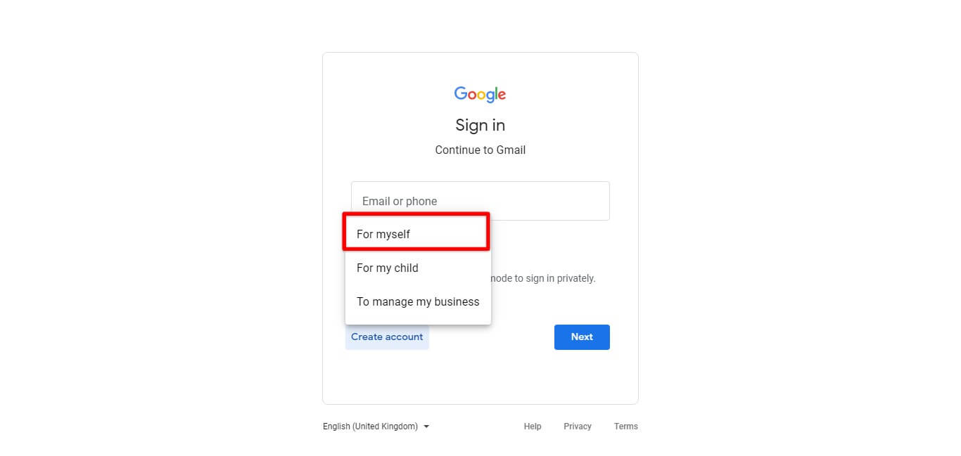 Gmail Create Account three Options